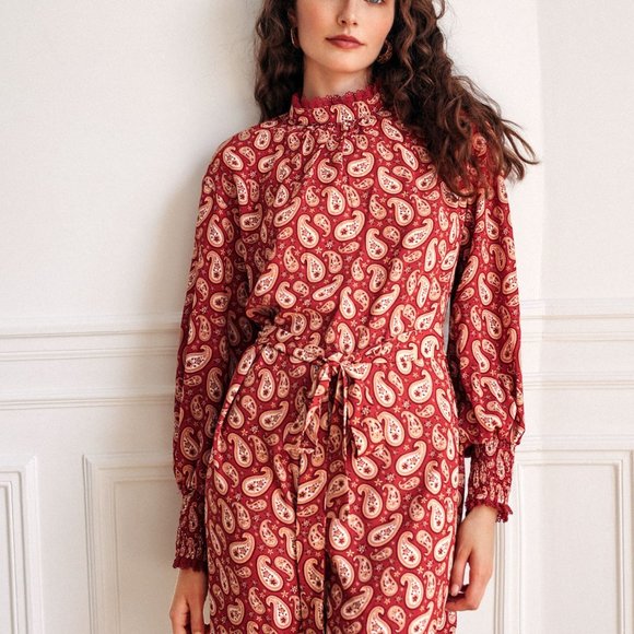 New Frenchy Paisley Print Shirred Cuff Belted Dress - Picture 7 of 8